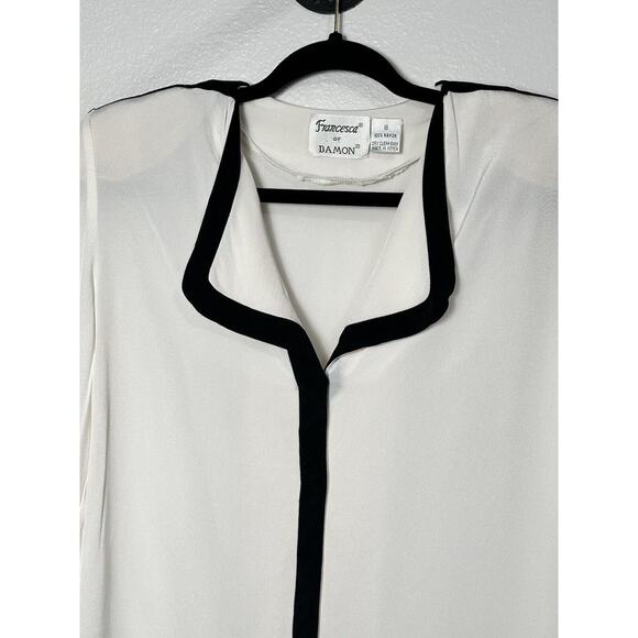 Vintage Francesca of Damon Women’s White Black Trim Top Long Sleeve Rayon Size 8 - Picture 2 of 4